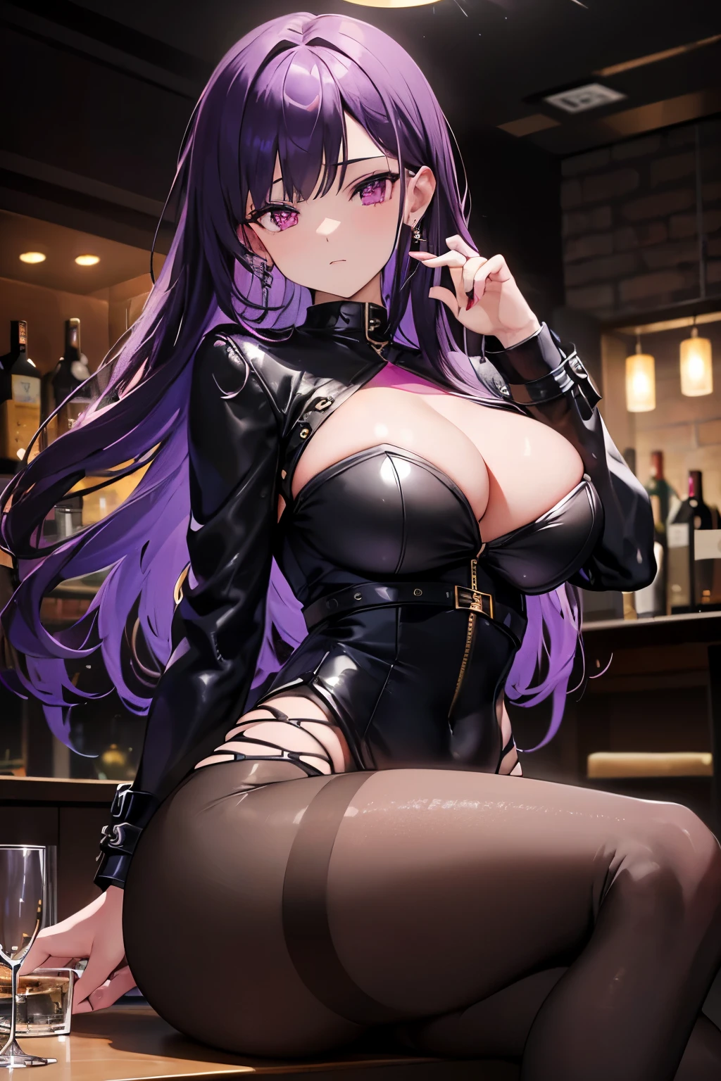 (Best quality), (masterpiece), high quality shadow, beautiful details, beautiful face, detailed skin, depth of field, high resolution, best shadow, best light, woman, see the audience, (shiny purple hair:1.1), smooth, blunt, long hair, (ruby pink eyes:1.2), (shy), very big jewellery, pump, (single strap shirt:1.2), (black leather jacket:1.1), (open jacket:1.1), (black leather skirt:1.1), (round breasts), (bubble butt), (wide hips:1.1), (slim waist:1.1), (thick thighs:1.1), (detailed face and eyes:1.2), (prefect nails and makeup:1.1), table, glass, liquor bottle, (night time), rift, pub bar background, (detailed background), sexy woman, cold, cool woman, (ear jewelry:1.1), sitting, (detailed hand and finger:1.2), (medium breasts:1.2), (busty), (deep cleavage:1.2), (labia outline:1.3), (hard teat:1.3).