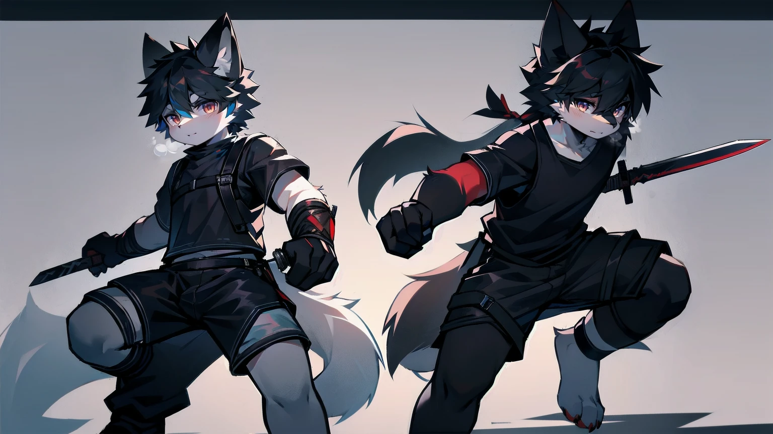 White Wolf,Black Hair,Red Eyes,Wolf ears,Wolf tail,juvenile,male,hairy,hair,Half-body armor,Combat uniform,Silver and black clothes,Handsome,Handsome,shorts,Forearm exposed,leg,Fighting Stance,duel,Two people,anxious,Holding a sword,Simple background,sword