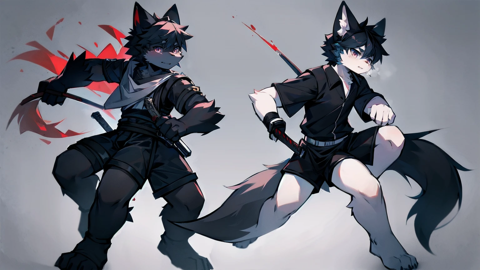 White Wolf，Black Hair，Red Eyes，Wolf ears，Wolf tail，juvenile，male，hairy，hair，Half-body armor，Combat uniform，Silver and black clothes，Handsome，Handsome，shorts，Forearm exposed，leg，Fighting Stance，duel，Two people，anxious，Holding a sword，Simple background，sword