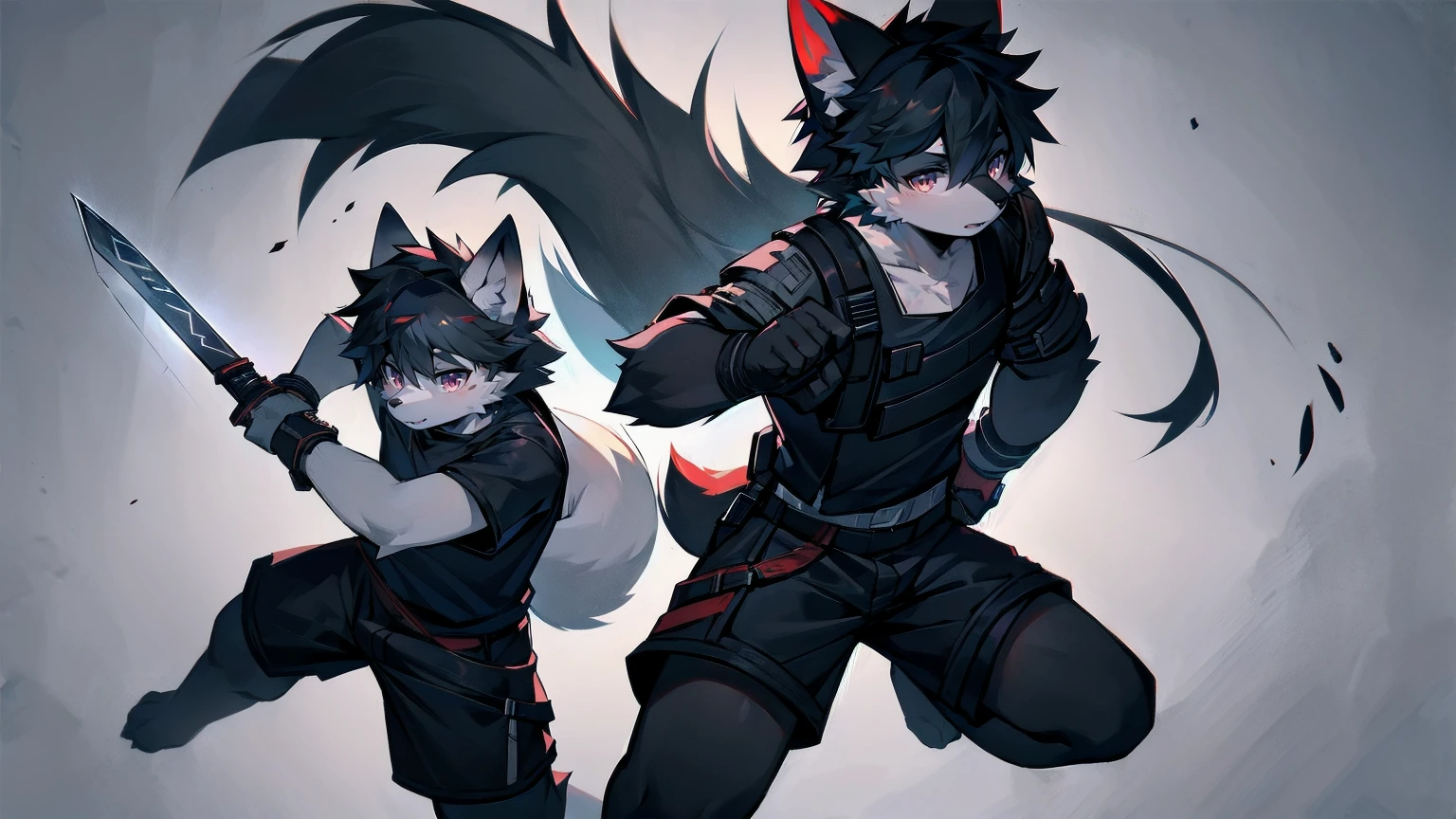 White Wolf,Black Hair,Red Eyes,Wolf ears,Wolf tail,juvenile,male,hairy,hair,Half-body armor,Combat uniform,Silver and black clothes,Handsome,Handsome,shorts,Forearm exposed,leg,Fighting Stance,duel,Two people,anxious,Holding a sword,Simple background,sword