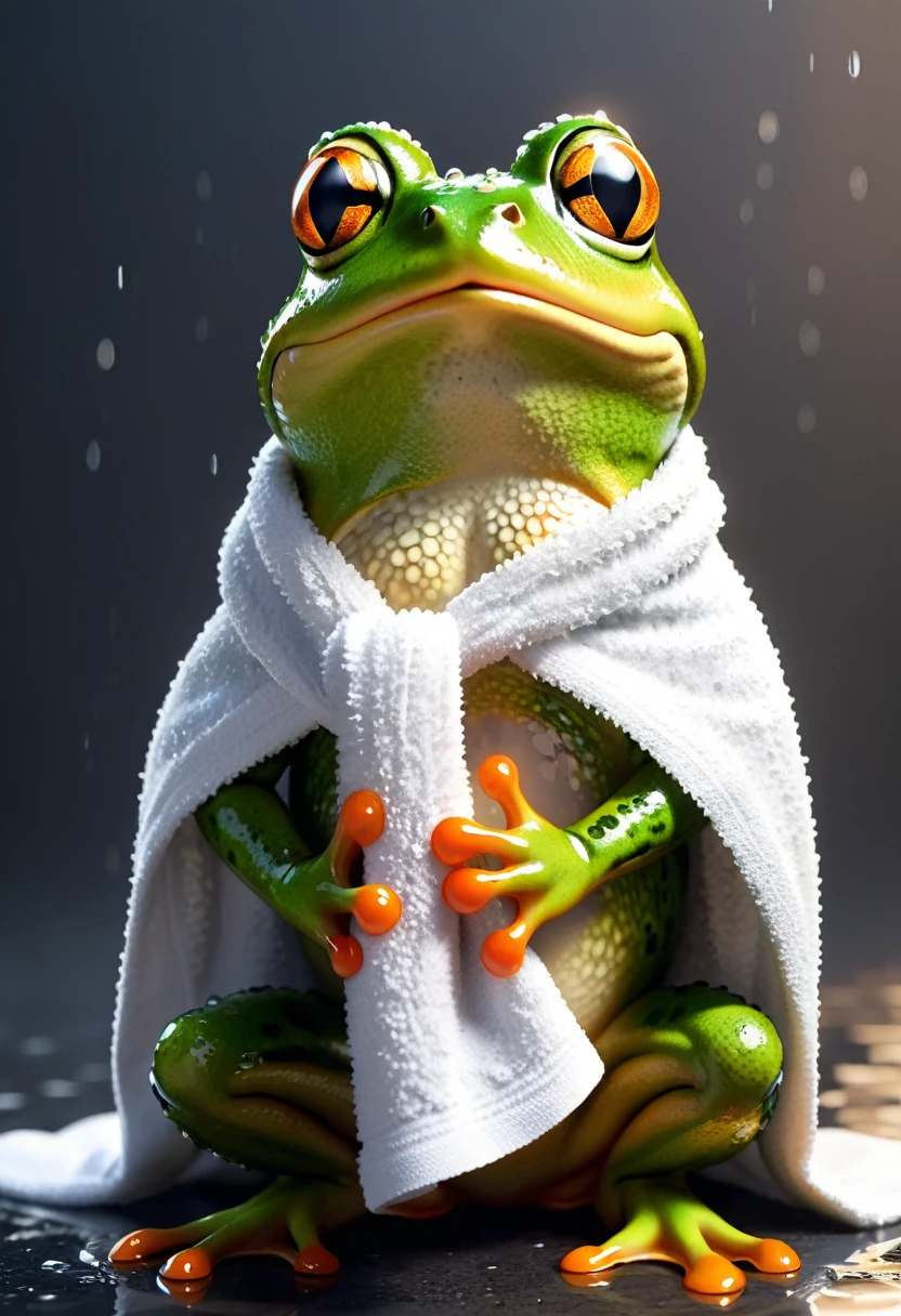 Cool frog, frog with bath towel, freshly bathed, simple background, wet, brave, best quality, super detailed, ultra high resolution