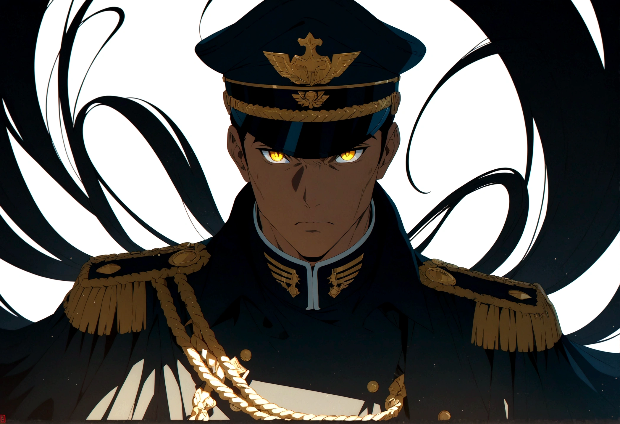 A highly detailed anime illustration of a commanding male military officer, ((anime style)), full body portrait, centered composition, sharp yellow eyes, masculine features, dark double-breasted military jacket, epaulettes, peaked cap with emblem, flowing cape, hands behind back, authoritative stance, belt buckle, broad shoulders, strong jawline, dramatic lighting, enigmatic expression, strands of hair over face, ((solid white background)), ultra high resolution, professional digital art, cinematic, 8k