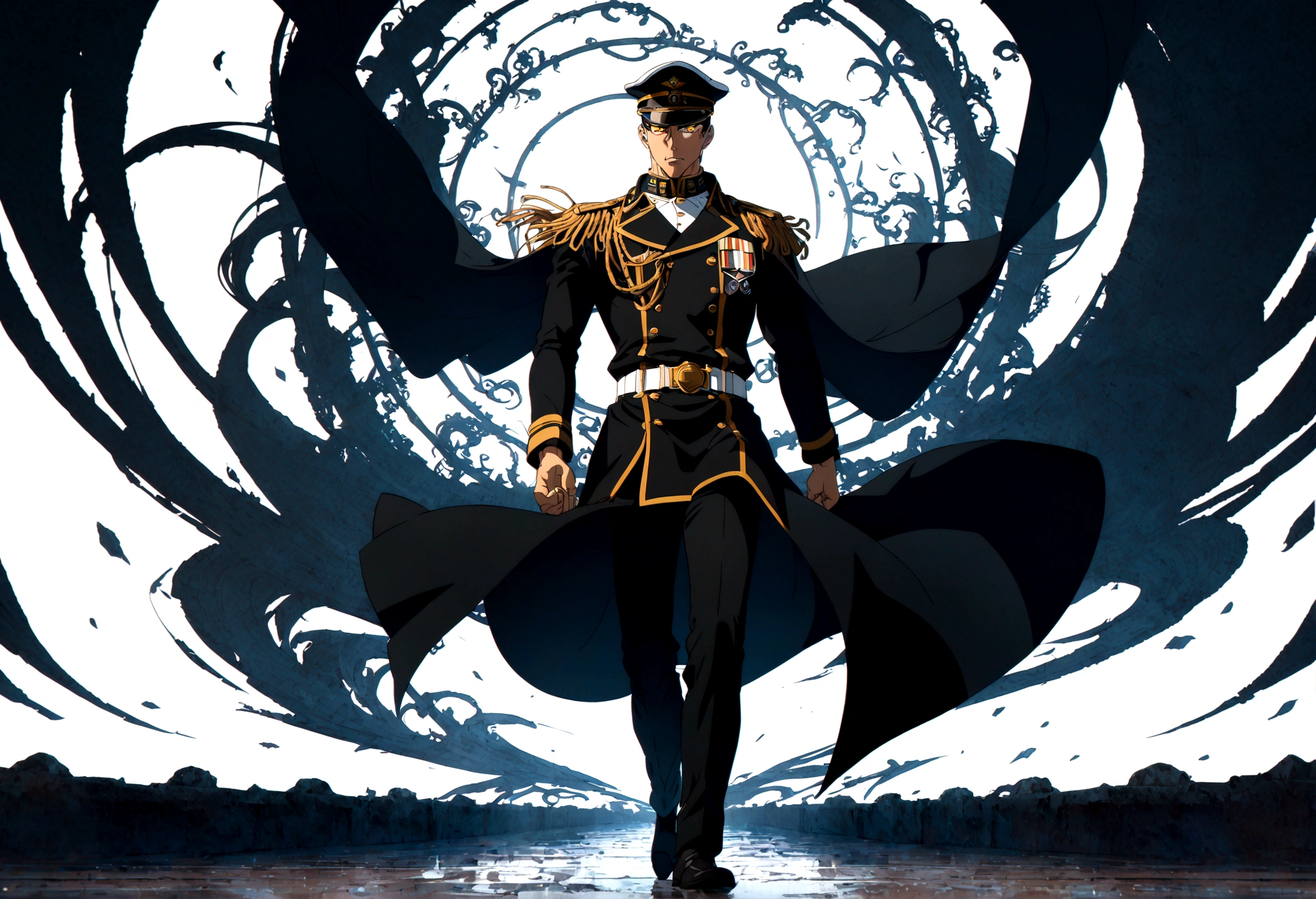 A highly detailed anime illustration of a commanding male military officer, ((anime style)), full body portrait, centered composition, sharp yellow eyes, masculine features, dark double-breasted military jacket, epaulettes, peaked cap with emblem, flowing cape, hands behind back, authoritative stance, belt buckle, broad shoulders, strong jawline, dramatic lighting, enigmatic expression, strands of hair over face, ((solid white background)), ultra high resolution, professional digital art, cinematic, 8k