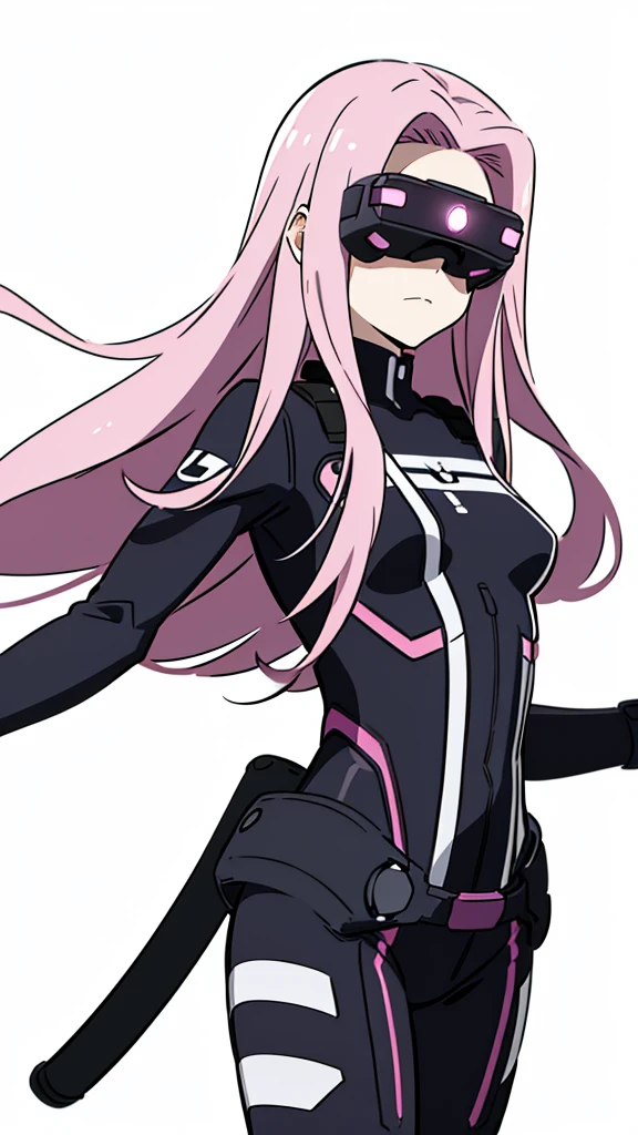 (1girl,20 years old,solo,adult),pink hair,long hair,(medusa hair),serious,((black bodysuit)),(white background,line drawing),head-mounted display,upper body