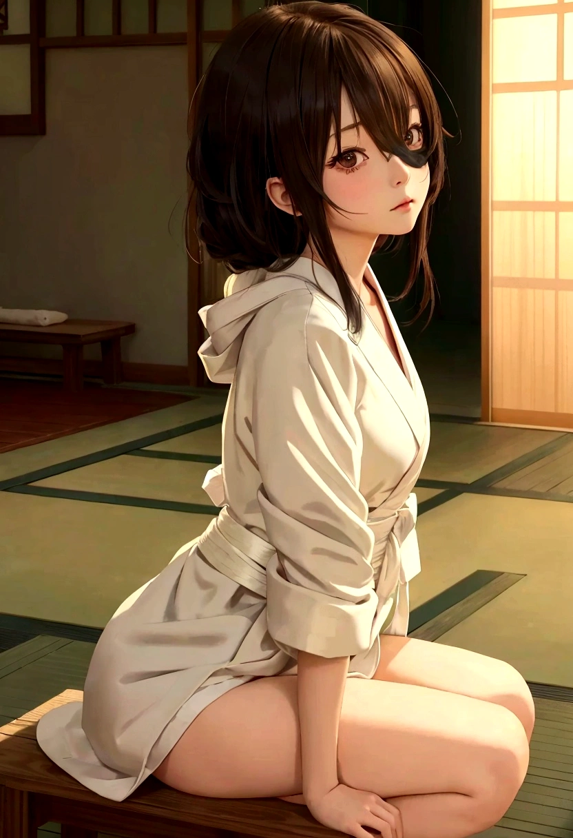 anime girl sitting on a bench in a room with a window, beautiful anime girl squatting, wearing a simple robe, the anime girl is crouching, wearing simple robes, seductive anime girl, anime visual of a cute girl, dressed in a robe, wearing a white robe, anime moe artstyle, in a kimono, wearing white robe, wears a long robe