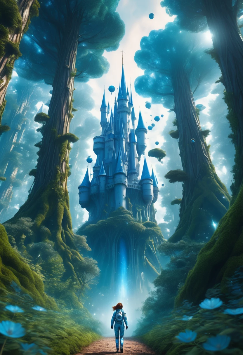 A woman astronaut flyng in the middle of magic world forest blue, giant castles in background, giant trees, fantasy, 4k, ultra realistic