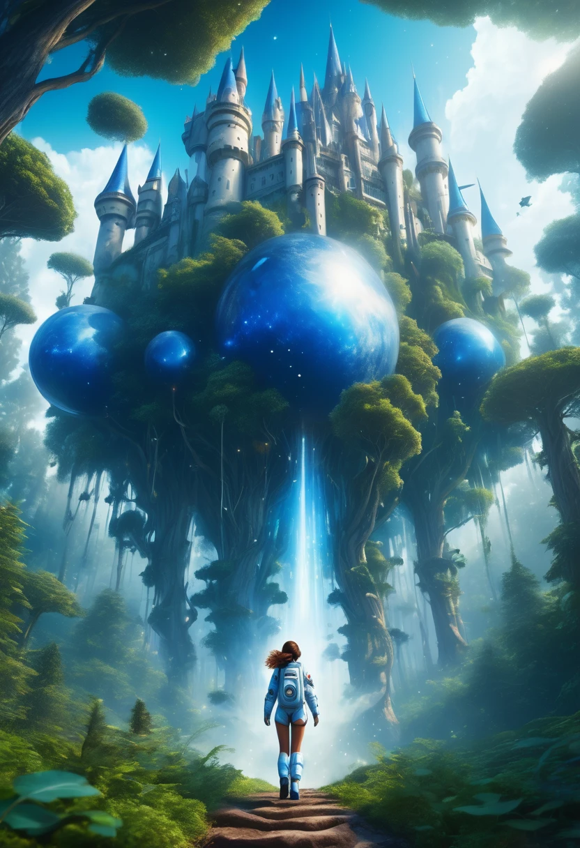 A woman astronaut flyng in the middle of magic world forest blue, giant castles in background, giant trees, fantasy, 4k, ultra realistic 