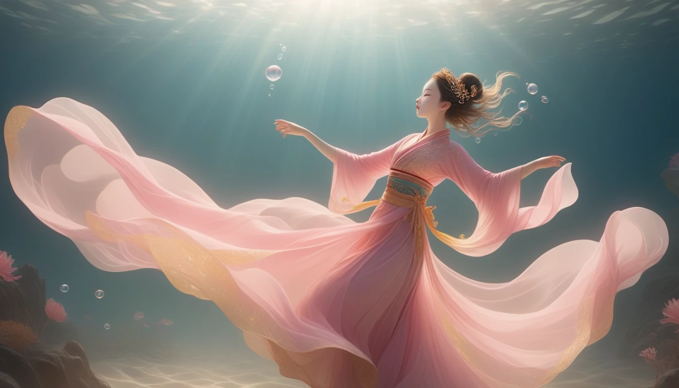 1 Girl, Solitary, Under the Deep Sea, underwater dance；Beautiful Inner Glow；Wearing pink Hanfu，Fairy the same，underwater dance；dancer；Golden water，Bright and shiny underwater world，金色的bubble； Deep Shadows, Extraordinary details, bubble, spark, Sun streaks, seabed, dark, whole body, swirl, Golden Light, Embed:Average runoff, masterpiece, high quality, 4K，Dunhuang art style；