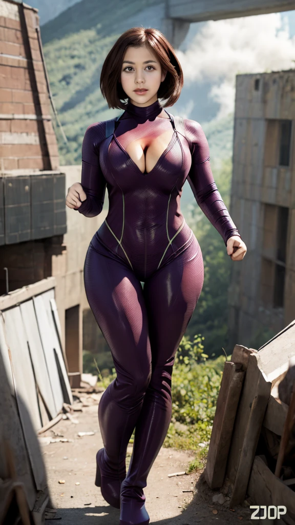masterpiece, best quality, highres, hmochako, blush stickers, short hair, huge breasts, superhero, bodysuit, boots, ruins, building, fighting stance, clenched hands, wide hips, thick thighs ((curvy)), latex suit