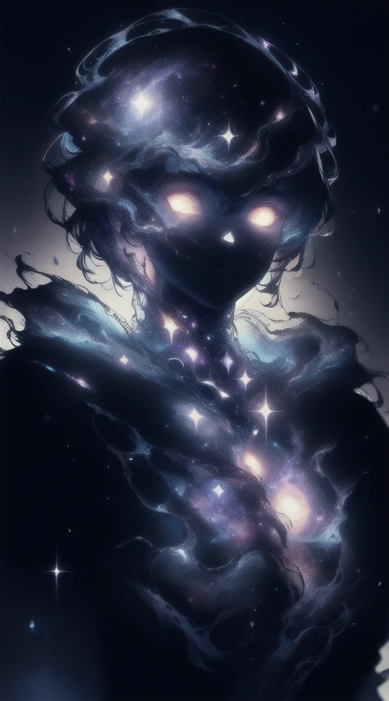 detailed galactic cyborg face, glowing galaxy nebula, dramatic lighting, hyperrealistic, photorealistic, intricate details, cinematic, chiaroscuro, dramatic pose, looking up at the sky, space, ultra detailed