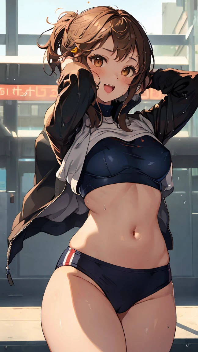 1 girl, alone,smile,
NatsunoMinami,Gym suit, bloomers, brown eyes,top-quality,Top image quality,in 8K,4K,masterpiece,ultra-detailliert,Beautiful、ultra-quality, best quality,high resolution, ultra-detailed,game cg,dutch angle,beautiful detailed eyes,five fingers,a beauty girl,wet,(Running form:1.4),open mouth,Navel, abs, big breasts, bsre breasts, (blushes 1.5).