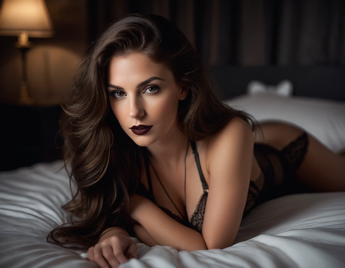 raw photo, Seductive boudoir photo of a woman with long brunette hair gazing alluringly at the camera, laying on a bed wearing black see through negligee, dark brown lipstick,( low key lighting:1.5) with warm highlights contrasting the shadows and darker tones, intimate bedroom setting, in a moody, mysterious style