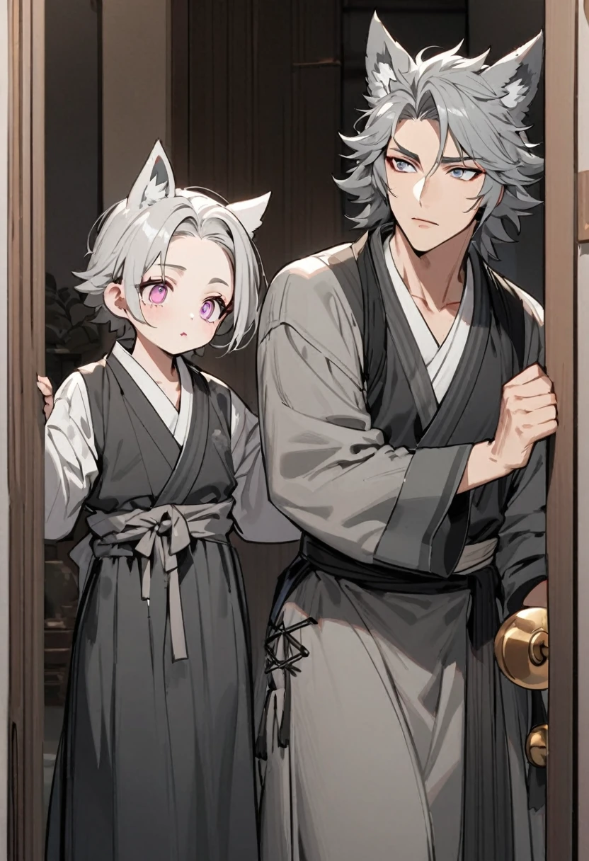 hybrid character with wolf ears, masculine and dominant, short gray hair, pink iris eyes, skin fair, gray hanbok clothes, mature appearance around 15 years old with youthful features , pink lips opening a door with a curious expression
