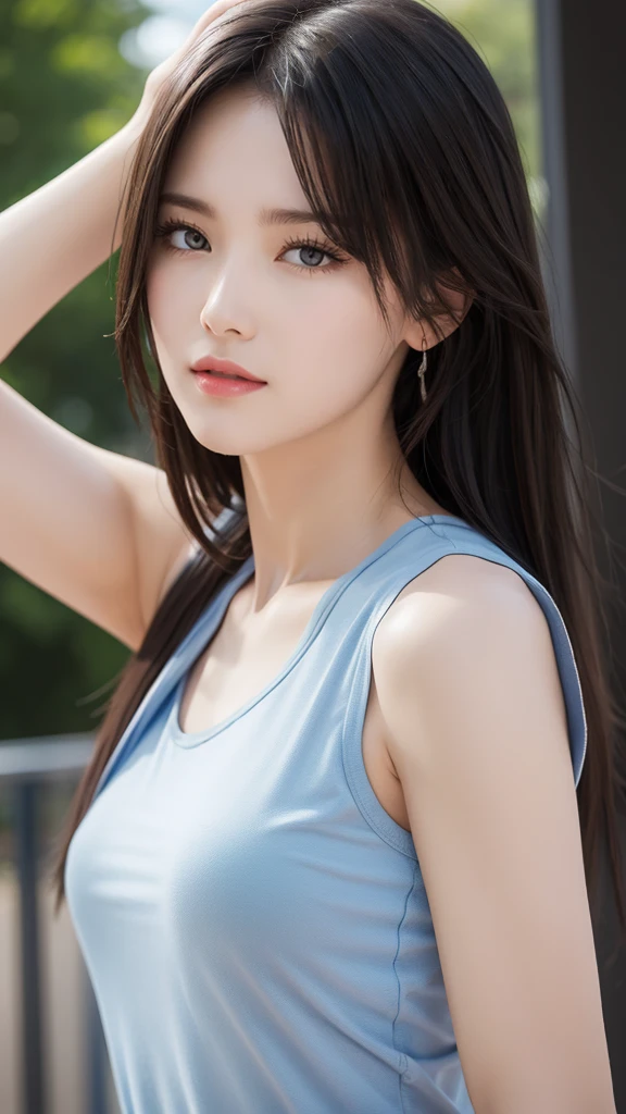 8K high resolution,Detailed face,Detailed BPDY,Perfect body,super high quality,1 Girl,Sleeveless shirt,Raise the hand,Underarm, sweating