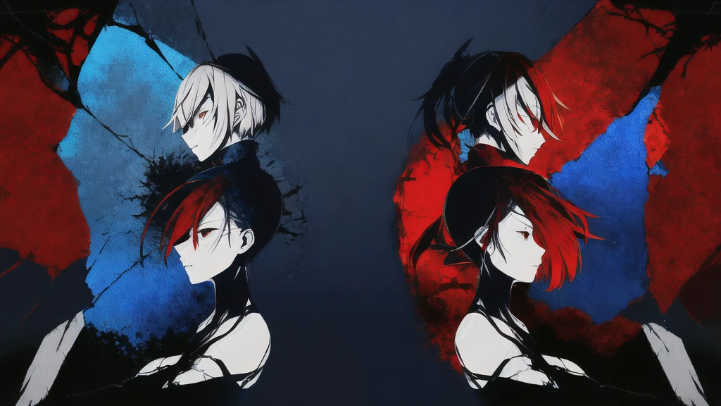 An emotional, dramatic scene with two characters embracing each other, inspired by the music of Kairiki Bear. The characters should have expressive, intense emotions, with one character looking worried and the other offering comfort. Use a dark, saturated color palette with contrasting red and deep blue tones. The background should be abstract, featuring elements like broken clocks, gears, and mechanical parts to enhance the atmosphere of tension and drama. Add detailed textures, such as cracks and tears, to emphasize the intensity of the moment. Create a sense of tension and unease, reflecting the themes of Kairiki Bear's music.