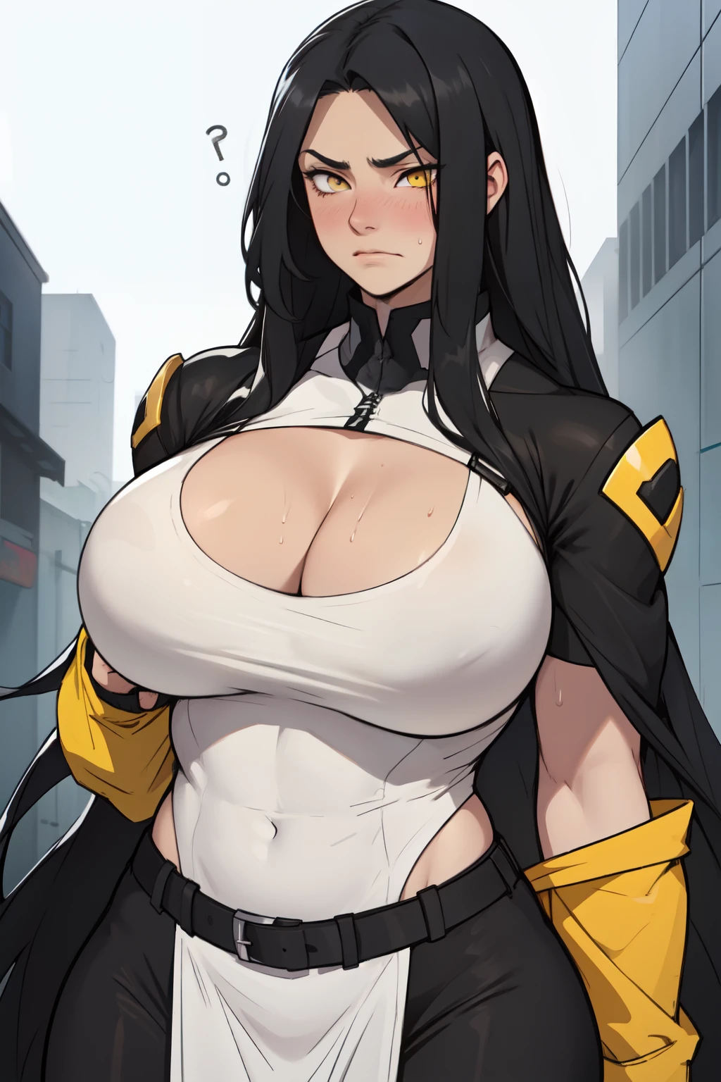 muscular black hair yellow eyes pale skin girl sad cleavage huge breasts blushing frown sweaty long straight hair long straight hair long straight hair long straight hair long straight hair flowing garments