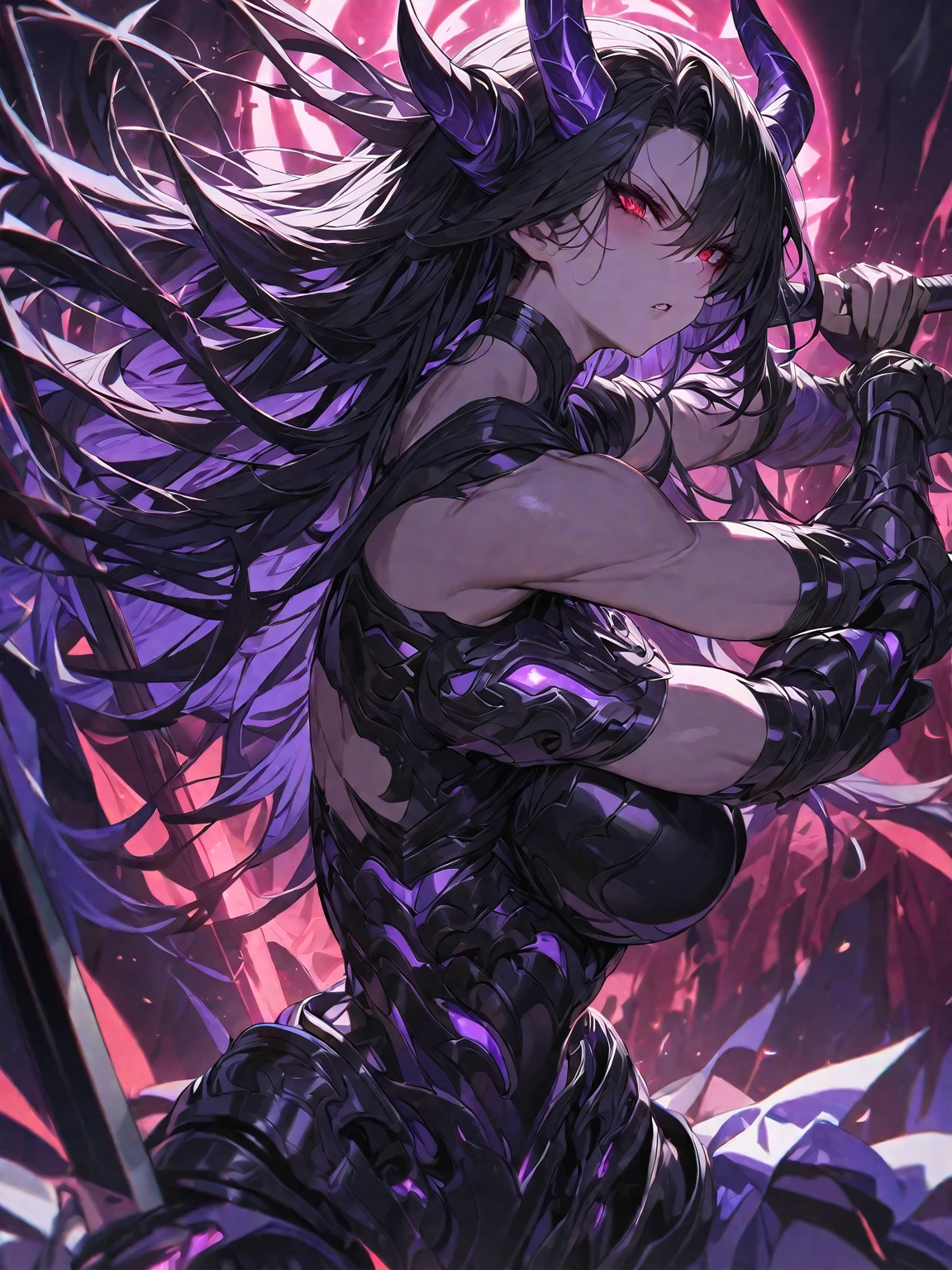Masterpiece, Very detailed, ultra detailed, one, beautiful, 1 person, with a sporty body, V-shaped shoulders, black detailed armor with glowing purple details, black demonic horns, long hair, black hair, purple with red eye tones, a man has a huge sword in his hands and he is in a fighting pose, Black light