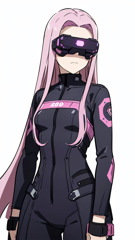 (1girl,20 years old,solo,adult),pink hair,long hair,(medusa hair),serious,((black bodysuit)),(white background,line drawing),head-mounted display,upper body