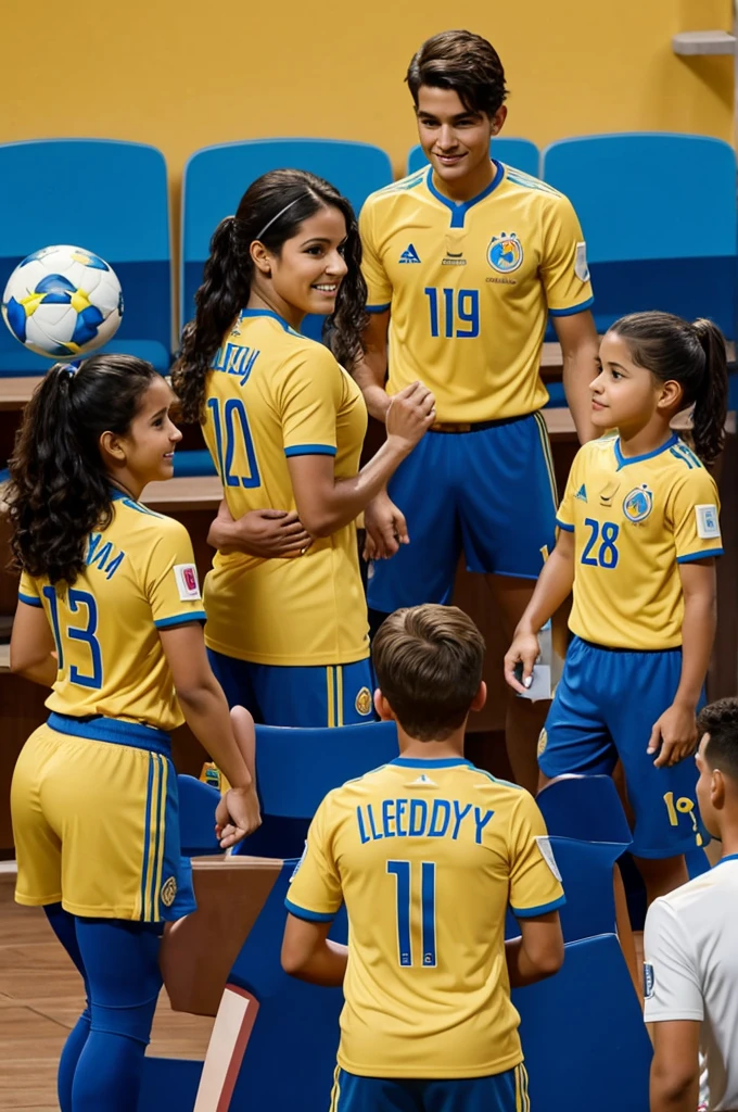 post by Disney Pixar of the Colombian national team, a family of 4 with their backs watching the game, a man with the name of (July) el number (10) , the woman with the name (Leidy) y el number (27), a cute girl by the name of (sari) y el number (28) and a with the name (Joshua) number (18)