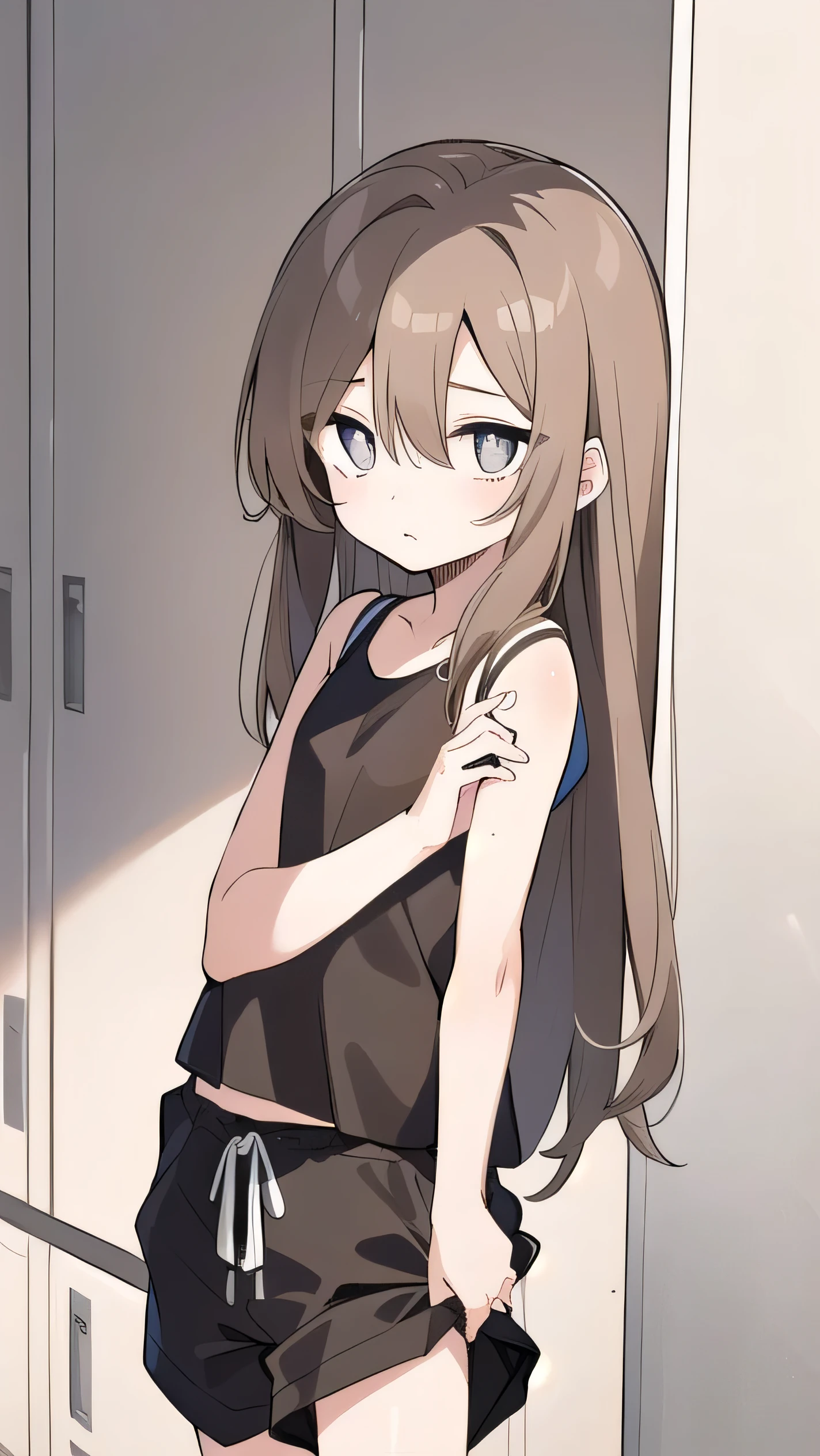 Girl, (light brown hair:1.5), (gray eyes:1.1), (big eyes: 1.1), (sagging eyes: 1.5), (very long hair:1.1), hair between eyes，, black tank top, black shorts, white sneakers, (flat chest), (straight hair), very short, only , , 11 years old, ,, (short height:1.3),  young face , sleepy face, smooth straight hair, locker room, 
