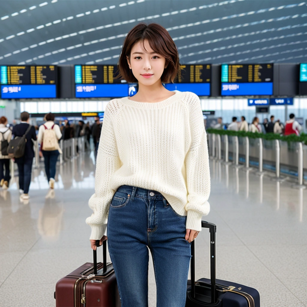 beautiful korean girl , 32 inch chest size, Your eyes are big and pretty. Short in stature. Standing in the departure hall of the airport. . short medium hair, Standing in line at the departure hall of Frankfurt Airport, Germany. She wore a luxury brand jumper over a white knit and jeans. Dragging a suitcase. short medium hair, short height, Full body shot with Canon camera 16-35 wide angle lens, short medium hair. uhd