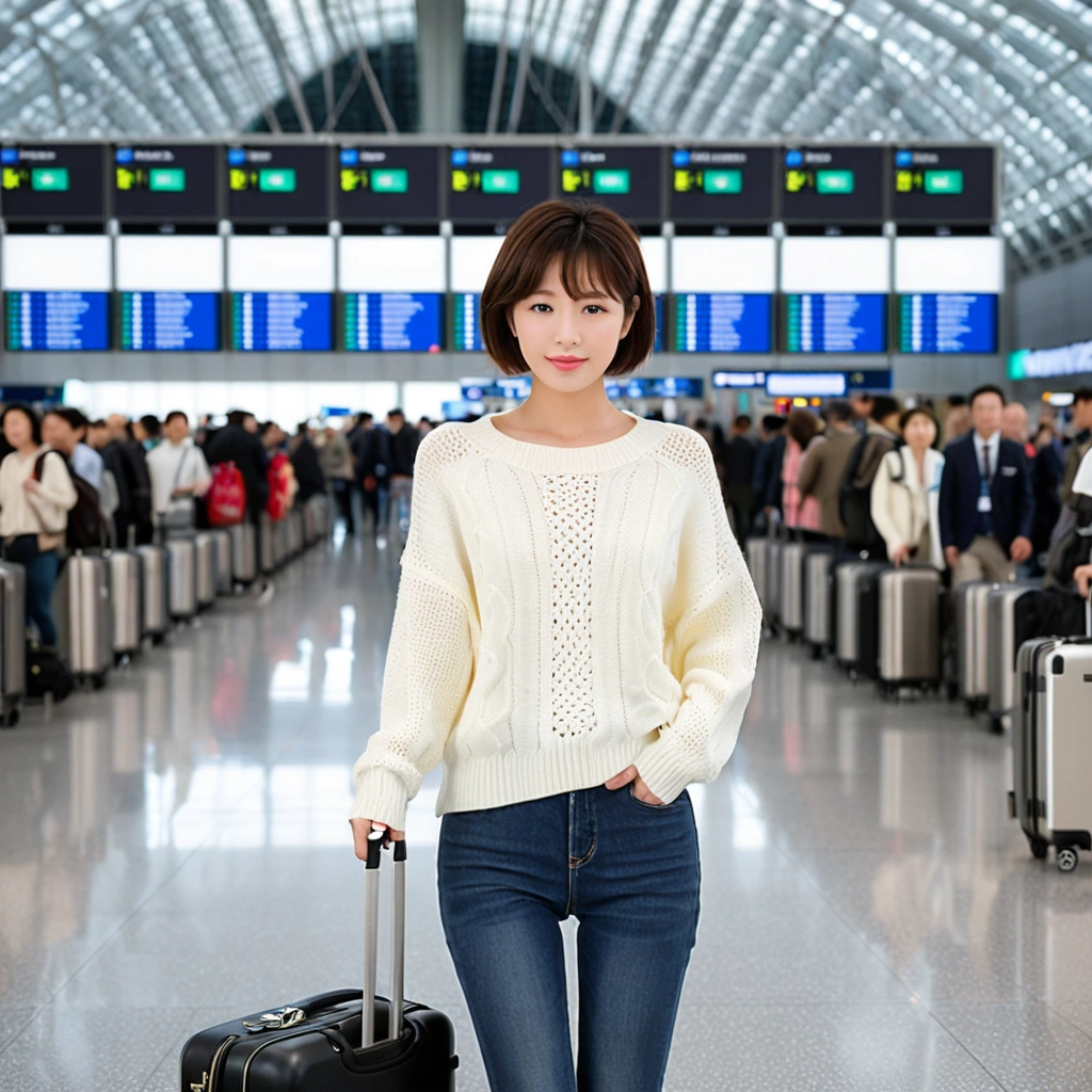 beautiful korean girl , 32 inch chest size, Your eyes are big and pretty. Short in stature. Standing in the departure hall of the airport. . short medium hair, Standing in line at the departure hall of Frankfurt Airport, Germany. She wore a luxury brand jumper over a white knit and jeans. Dragging a suitcase. short medium hair, short height, Full body shot with Canon camera 16-35 wide angle lens, short medium hair. uhd