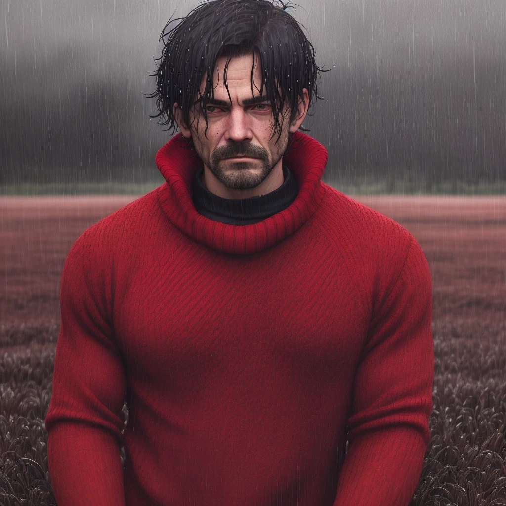 A man in a red sweater, Dark Face, place not field, with rainy weather