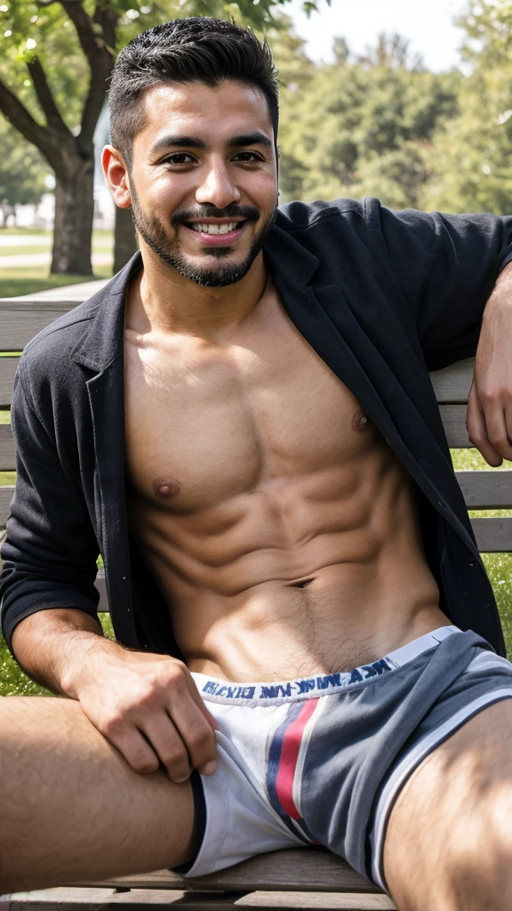 A handsome Mexican man, black hair, short beard, 6 pack abbs,virile and fit body , sitting on a park bench, smiling