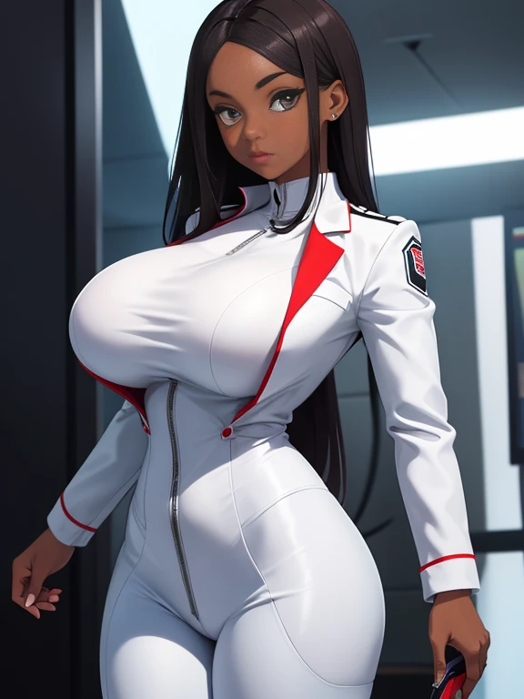 girl, with big breasts, white spy suit, dark skinned ebony
