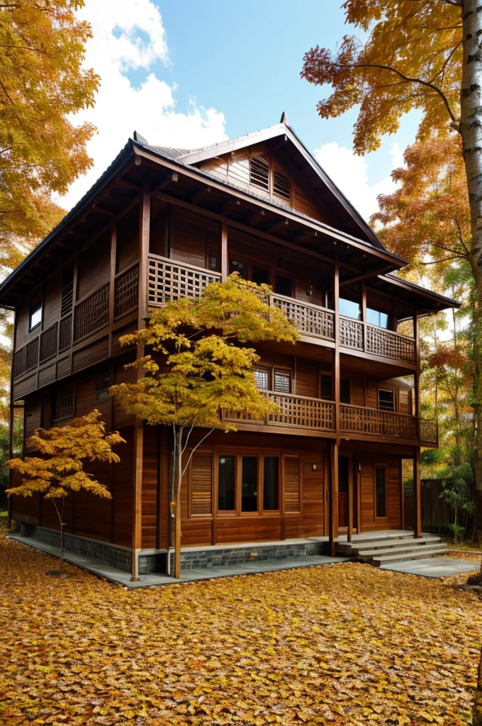 Wooden house with dry leaves, Two-floor house