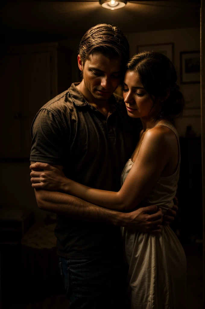 man and woman embracing in a room with an expression of passion in a dimly lit environment