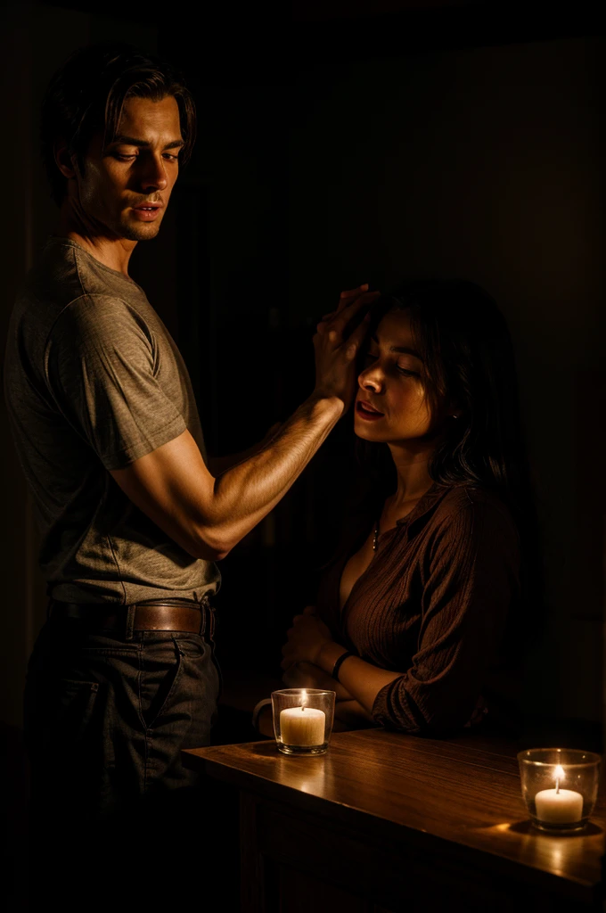 man and woman embracing in a room with an expression of passion in a dimly lit environment