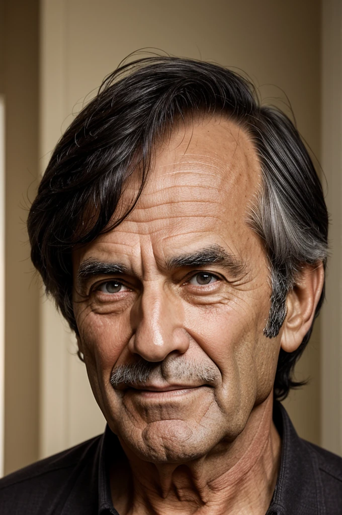 Elderly dark brunette man of average height with few muscles, straight cropped black hair, light brown eyes