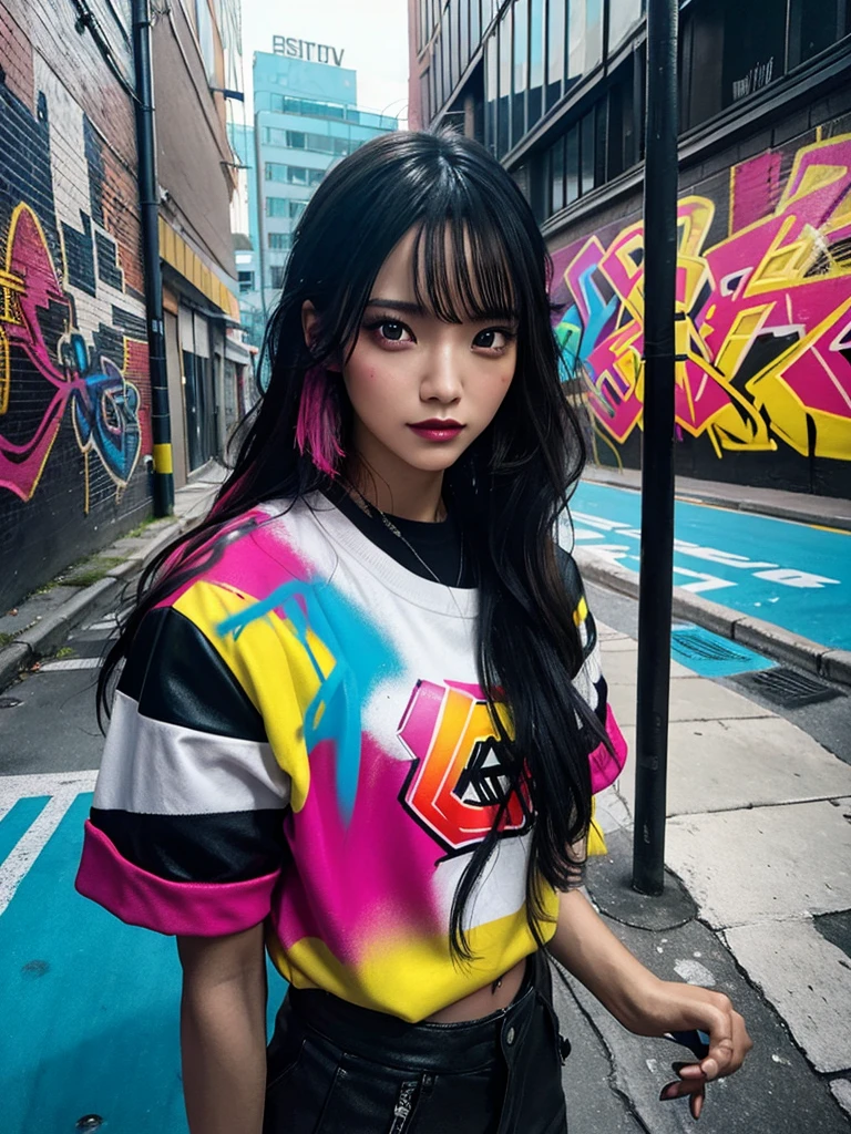 Graffiti-style portrait capturing a woman exuding stunning beauty, vibrant spray paint colors, urban background with textured brickwall, obscured tags and mural art, streaks of neon, expressive brush strokes, dynamic contrasts, high energy, gritty aesthetic, urban fashion elements, octane rendering, vivid colors, highly detailed., painting, cinematic, illustration, fashion, 3d render, photo, poster, portrait photography, conceptual art, anime, graffiti
