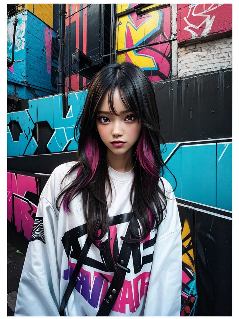 Graffiti-style portrait capturing a woman exuding stunning beauty, vibrant spray paint colors, urban background with textured brickwall, obscured tags and mural art, streaks of neon, expressive brush strokes, dynamic contrasts, high energy, gritty aesthetic, urban fashion elements, octane rendering, vivid colors, highly detailed., painting, cinematic, illustration, fashion, 3d render, photo, poster, portrait photography, conceptual art, anime, graffiti
