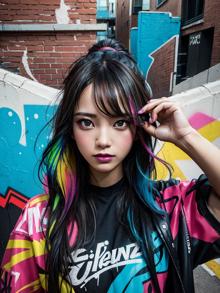 Graffiti-style portrait capturing a woman exuding stunning beauty, vibrant spray paint colors, urban background with textured brickwall, obscured tags and mural art, streaks of neon, expressive brush strokes, dynamic contrasts, high energy, gritty aesthetic, urban fashion elements, octane rendering, vivid colors, highly detailed., painting, cinematic, illustration, fashion, 3d render, photo, poster, portrait photography, conceptual art, anime, graffiti
