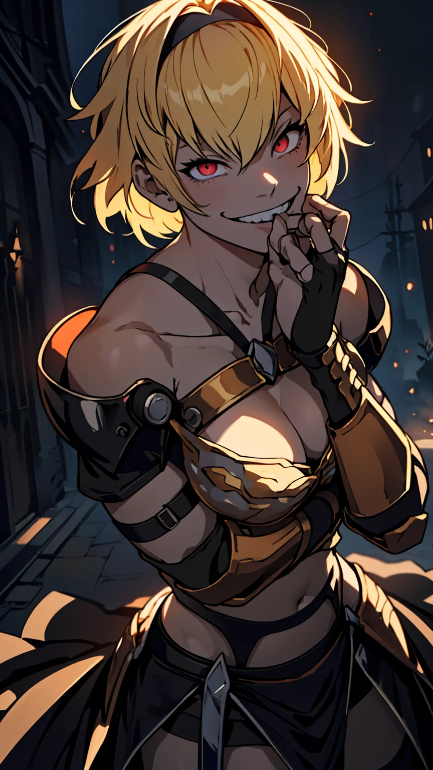 One girl, clementine \(monarch\) ,armor, garter belt, Gauntlet, Blonde, short hair, Red eyes, Glowing Eyes, smile, psycho smile, Open your mouth, Lick the tips of your fingers with your tongue, Psychoface, Hollow Eyes, Crazy Eyes, crazy smile, Yandere, Upper Body, close, (nighttime, night, Dim lighting, Dark atmosphere), Detailed instructions, Detailed Finger, Highly Detailed CG Unity 8K Wallpaper, Huge file sizes, Super detailed, High resolution, absurdes, Beautiful Eyes, Beautiful skin, Beautiful hair, 32k, focus on, Ray Tracing, Dramatic Shadows, Finely delineated, Dramatic angle, Hyper Detail, Anime style, cinematic lighting, clair obscur, ｍoonlight lighting, deep shadows, backlighting, deep focus, sharp focus, 