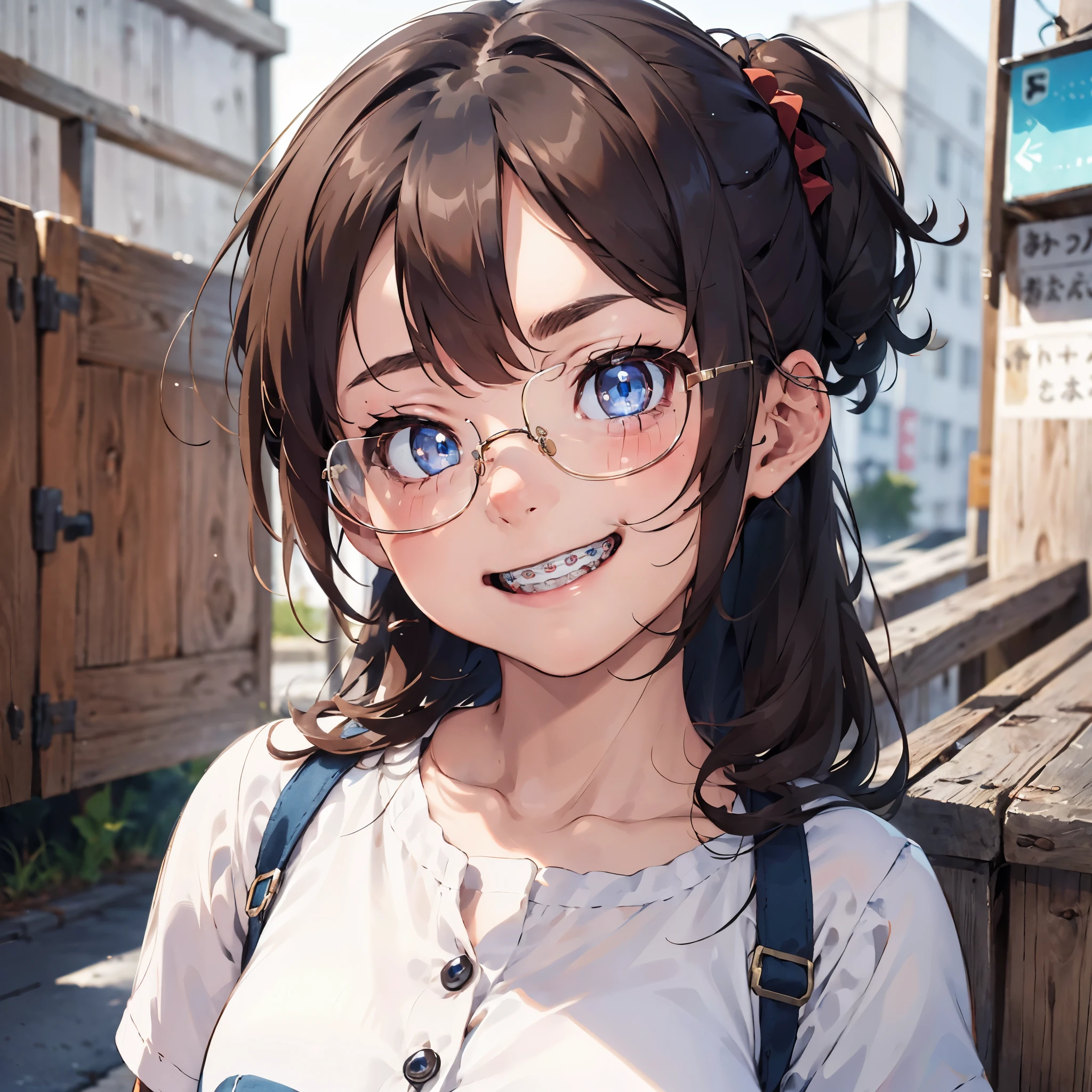 1girl, seductive eyes, braces, glasses, smiling, cute, face focus, blue eyes, blush, brown hair, best quality, masterpiece, highres
