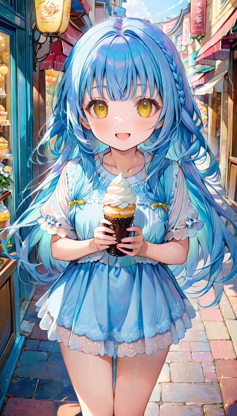 masterpiece, best quality, extremely detailed, (illustration, official art:1.1),adorable face、 1 girl ,(((( light blue long hair)))),pale blue hair,, long hair ((blush)) , cute face, big eyes, masterpiece, best quality,(((((a very delicate and beautiful girl))))),Amazing,beautiful detailed eyes,blunt bangs((((little delicate girl)))),tareme(true beautiful:1.2), sense of depth,dynamic angle,,,, affectionate smile, (true beautiful:1.2),,(tiny 1girl model:1.2),)(flat chest)、masterpiece,beautiful eyes,textile shading, custics,extremely detailed CG, shiny skin,photography,RAW photo,
,,twinbraid,yellow eyes, ,solo
, short sleeves, 2 soft serve,open mouth, smile,shopping street,white colored shirt,yellow ribbon,