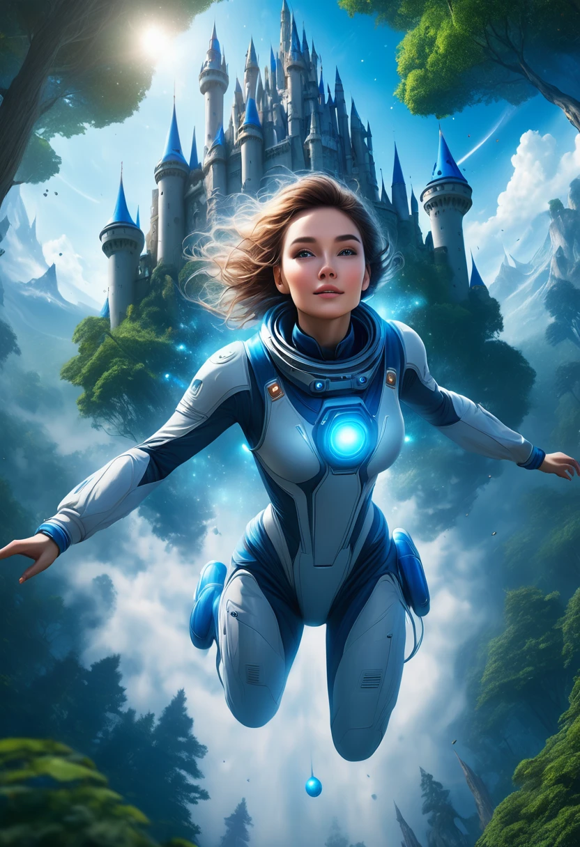 A woman astronaut flyng in the middle of magic world forest blue, giant castles in background, giant trees, fantasy, 4k, ultra realistic