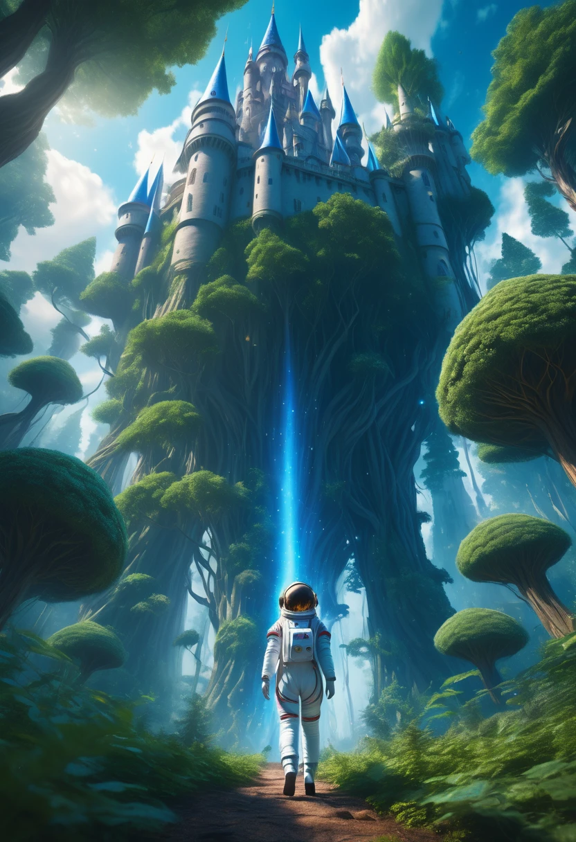 A woman astronaut flyng in the middle of magic world forest blue, giant castles in background, giant trees, fantasy, 4k, ultra realistic 