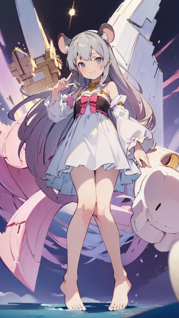 ((masterpiece))((Highest quality))Mouse Ears、girl、smile、blush、Flat Chest、Are thin、、low length、Gray Hair、blush、Are standing、Whole body image、Even your toes are visible、Eye level on face、front、No background、Mouse pose、真frontのアングル、