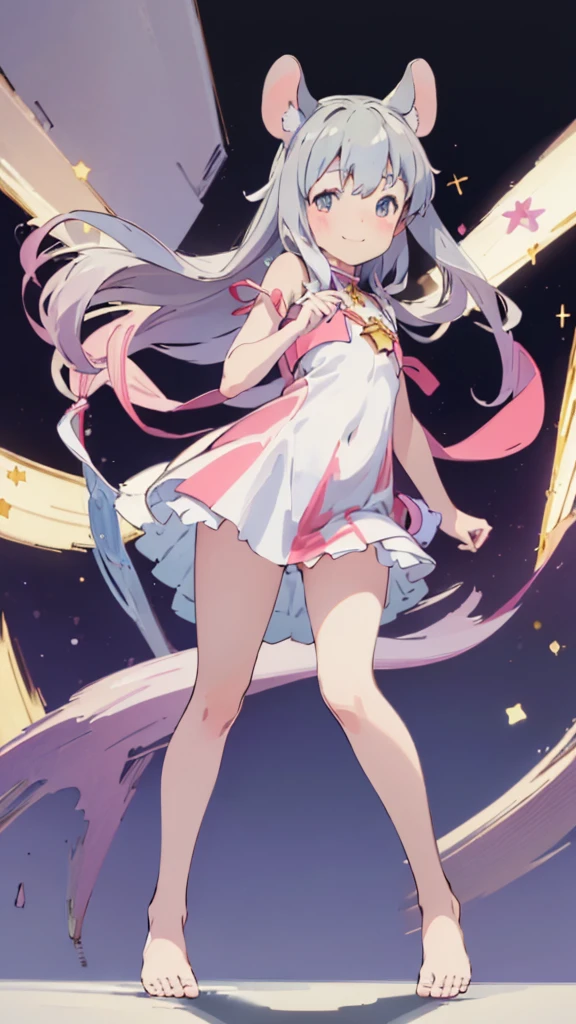 ((masterpiece))((Highest quality))Mouse Ears、girl、smile、blush、Flat Chest、Are thin、、low length、Gray Hair、blush、Are standing、Whole body image、Even your toes are visible、Eye level on face、front、No background、Mouse pose、真frontのアングル、