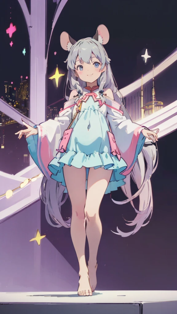((masterpiece))((Highest quality))Mouse Ears、girl、smile、blush、Flat Chest、Are thin、、low length、Gray Hair、blush、Are standing、Whole body image、Even your toes are visible、Eye level on face、front、No background、Mouse pose、真frontのアングル、