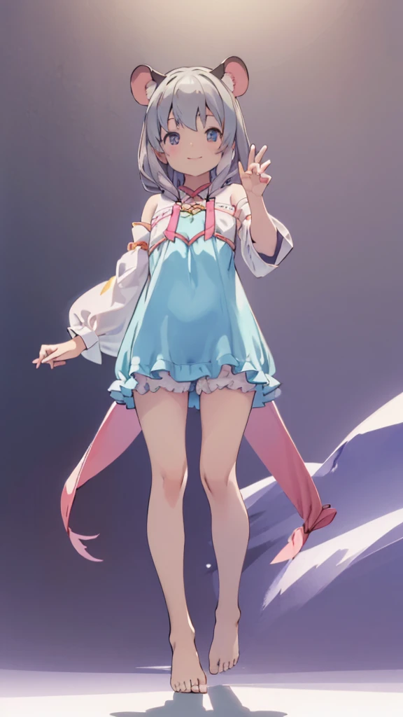 ((masterpiece))((Highest quality))Mouse Ears、girl、smile、blush、Flat Chest、Are thin、、low length、Gray Hair、blush、Are standing、Whole body image、Even your toes are visible、Eye level on face、front、No background、Mouse pose、真frontのアングル、