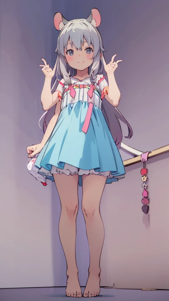 ((masterpiece))((Highest quality))Mouse Ears、girl、smile、blush、Flat Chest、Are thin、、low length、Gray Hair、blush、Are standing、Whole body image、Even your toes are visible、Eye level on face、front、No background、Mouse pose、真frontのアングル、