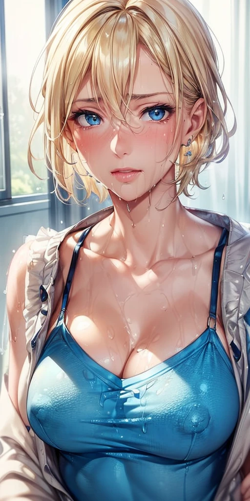 portrait, realistic, elegant mature woman, blue eyes, blonde hair, 4k resolution, ultra detailed cg, beautiful cg, soft light, ((hd armpits)), ((super detailed armpits)), ((full of sweat)), sweaty, ((dripping wet armpits)), close up armpits, ((armpit_hair:1.3)), moles armpit, dripping wet armpits 