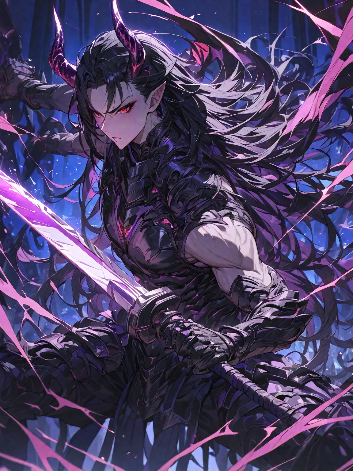 Masterpiece, Very detailed, ultra detailed, one, beautiful, 1 man, with a sporty body, V-shaped shoulders, black detailed armor with glowing purple details, black demonic horns, long hair, black hair, purple with red eye tones, a man has a huge sword in his hands and he is in a fighting pose, Black light
