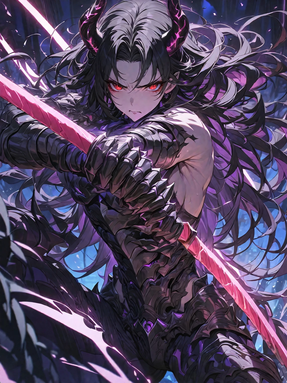 Masterpiece, Very detailed, ultra detailed, one, beautiful, 1 man, with a sporty body, V-shaped shoulders, black detailed armor with glowing purple details, black demonic horns, long hair, black hair, purple with red eye tones, a man has a huge sword in his hands and he is in a fighting pose, Black light