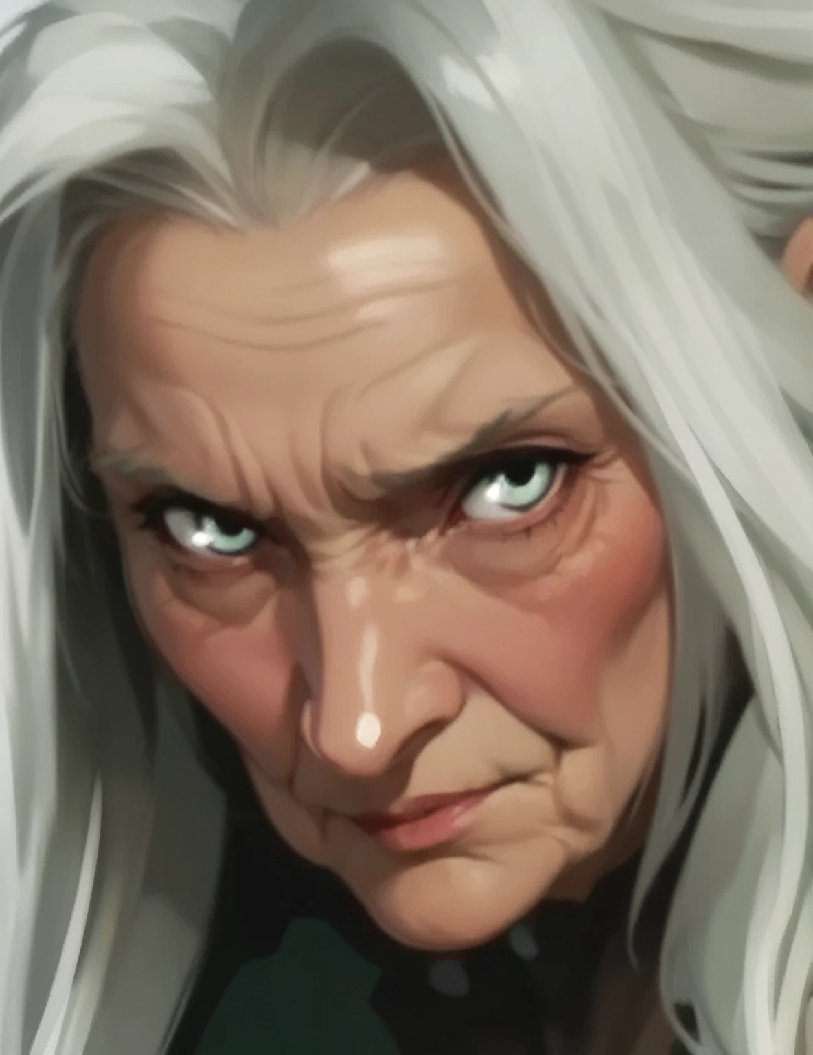 beautiful illustration, ultra-detailed, masterpiece, old woman, long gray tousled hair, evil, long sharp nails, wrinkles, green cape, half-turn pose, evil, hands folded together, shabby clothes